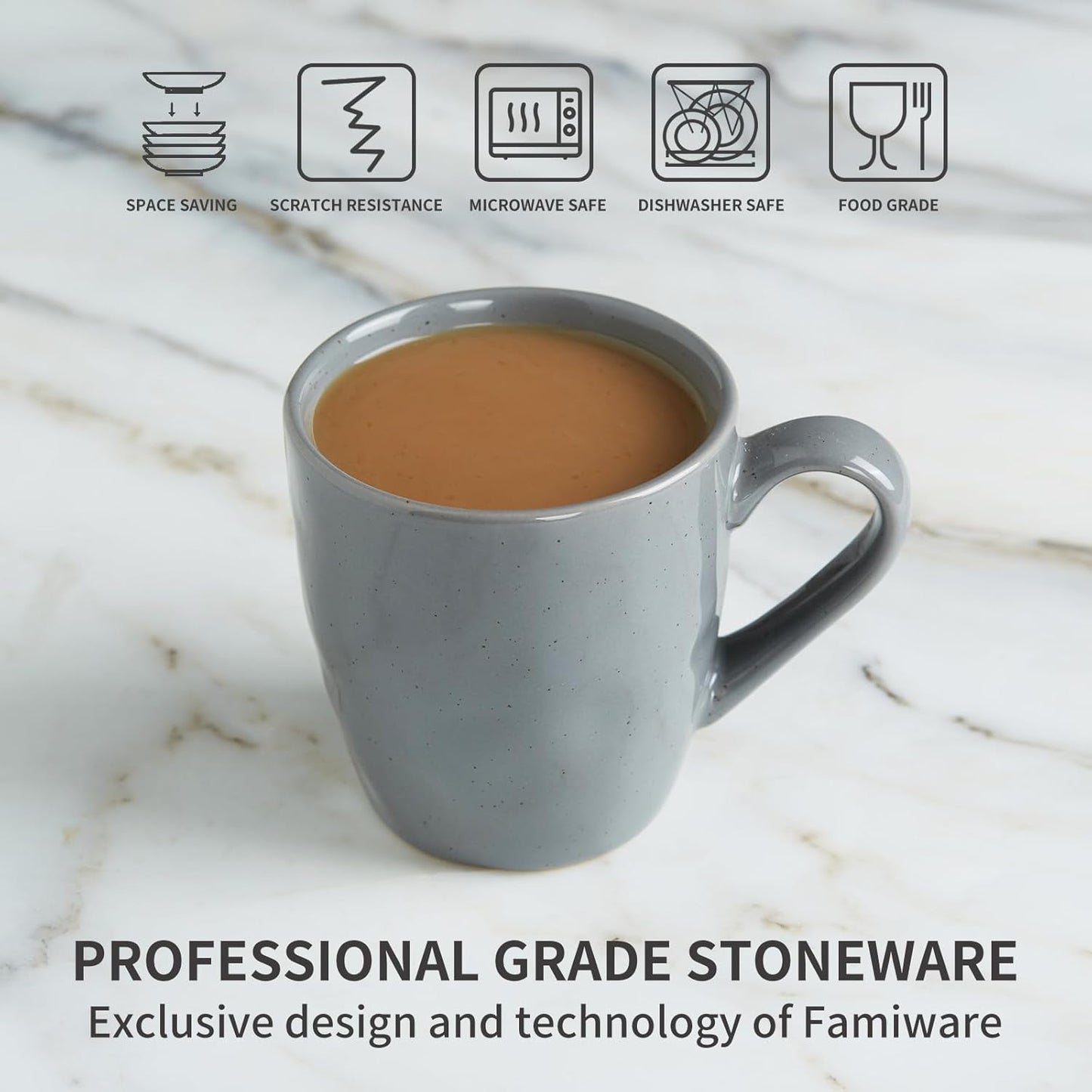 famiware Mars 4 Pieces Coffee Mug, 14 oz Tea Mug, Catering Mugs with Handle for Coffee, Tea, Cocoa, Milk, Dark Gray