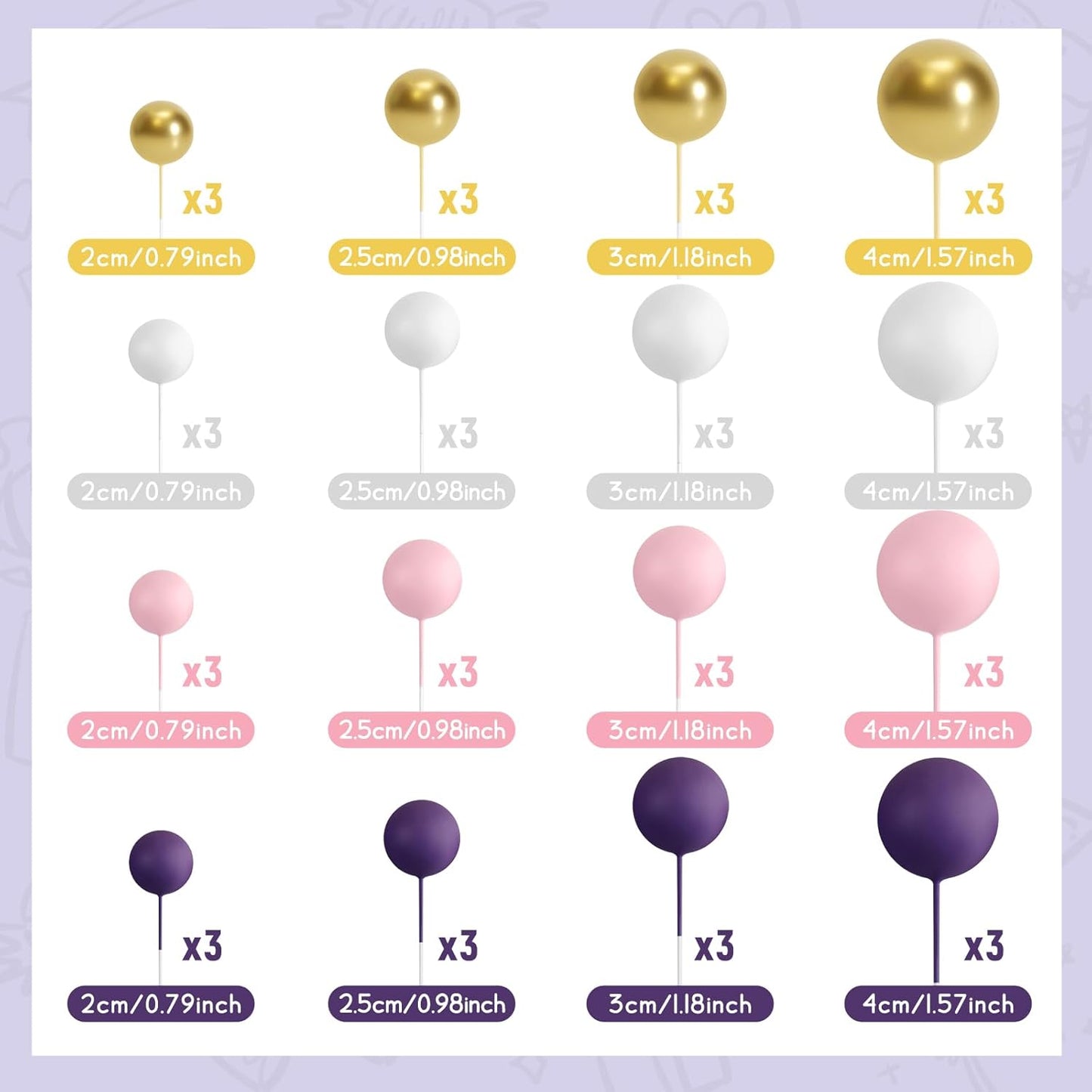 48 Pcs Balls Cake Topper Decorations Balloon Cupcake Toppers Foam Cake Topper Balls Cake Balls Decorations for Birthday Party Wedding Anniversary Cake Decorating (Pink, Purple, White, Gold)