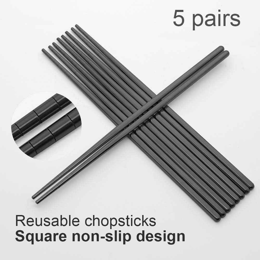 Stainless Steel Chopsticks Reusable Multicolor Lightweight 304 Metal Chopsticks Dishwasher Safe - 5 Pairs (Black)