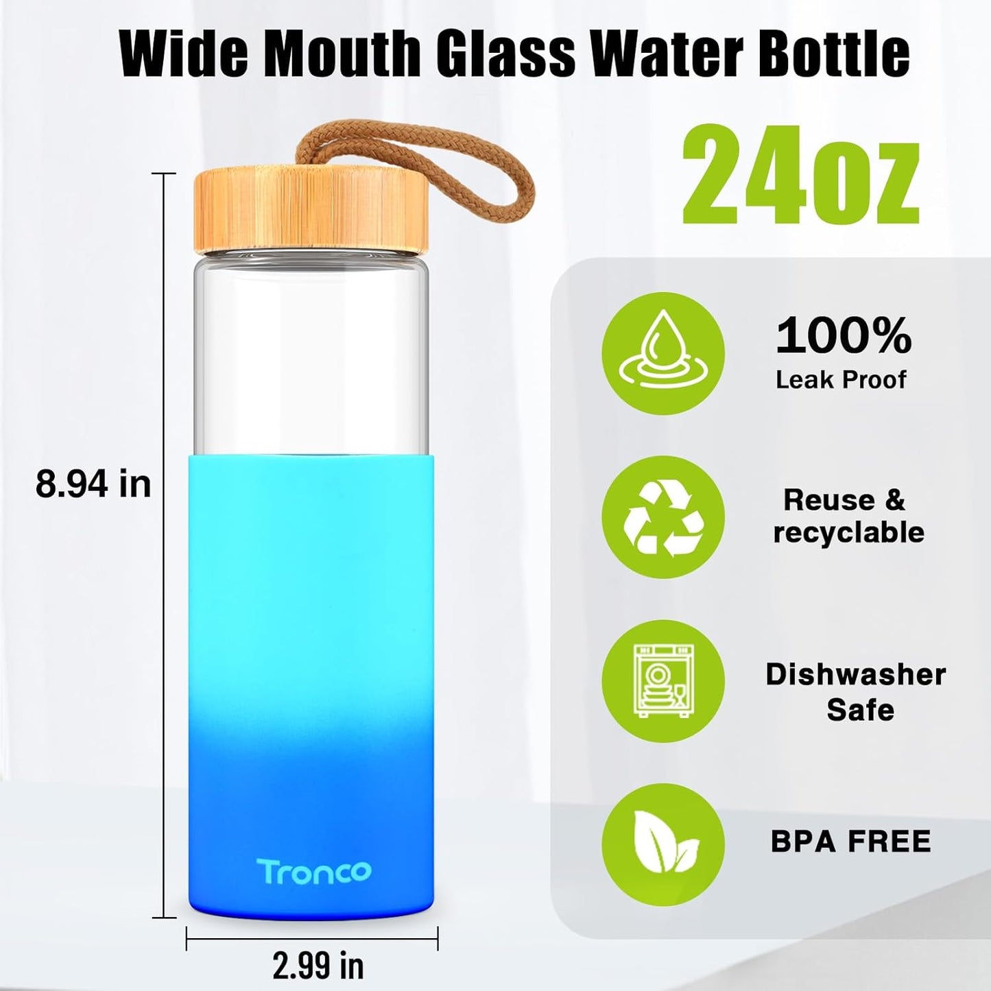 Tronco 24oz Glass Water Bottles with Bamboo Lid & Silicone Sleeve, Leak Proof, BPA Free, Reusable Borosilicate Glass Bottles for Juicing, Smoothies, Juice & Water, for Men & Women Gym, Office, Travel