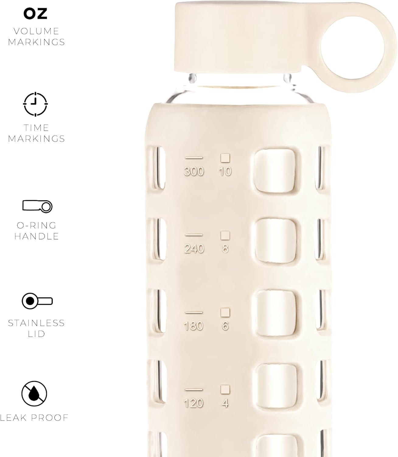 purifyou 40oz / 32oz / 22oz / 12oz Borosilicate Glass Water Bottle with Time & Volume Markers, Silicone Sleeve, Stainless Steel Lid – Reusable Glass Bottle for Water & Juice (12oz Pearled Ivory)