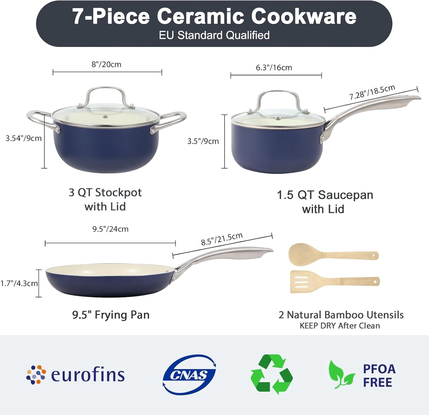 Pots and Pans Set, 7 Piece Nonstick Ceramic Cookware Set, Kitchen Induction Cookware Sets, Pots and Pans Non Stick with Oven Safe Handle, 100% PFOA Free, Blue