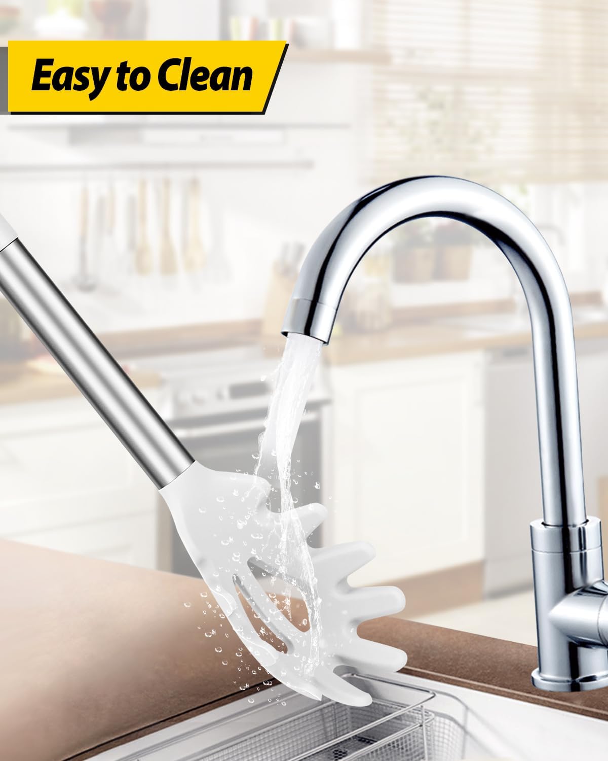 Silicone Pasta Fork and Ladle Spoon Set, Large Non Stick Kitchen Utensils for Cooking,Stirring,Serving Spaghetti, Soup, Sauce (WHITE)