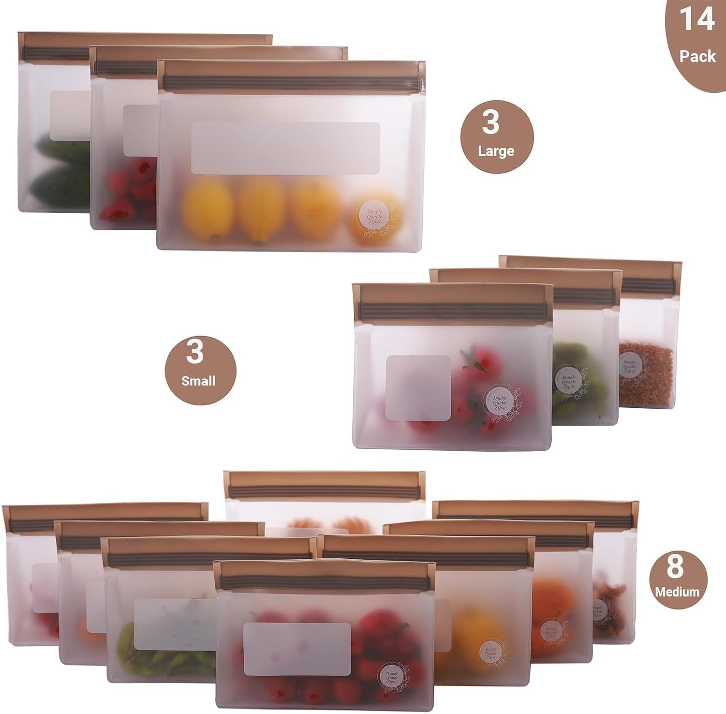 Reusable Silicone Food Storage Bags – 14-Pack Stand-Up, BPA-Free, Freezer, Dishwasher Safe & Eco-Friendly – 3 L, 8 M, 3 S Bags – Airtight Leakproof, Sandwich, Snack, and Meal Prep Baggies (Grey)