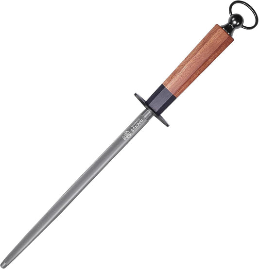 MITSUMOTO SAKARI 10 Inch Round Honing Rod, Japanese High Carbon Honing Steel (Sourwood Handle)