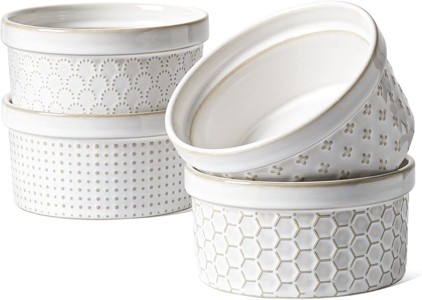 LE TAUCI Ramekins 12 oz, Ramiken for Creme Brulee, Souffle, Dipping Sauce, Ceramic Embossment Housewaming Present -4.8 inch, Set of 4, Arctic White