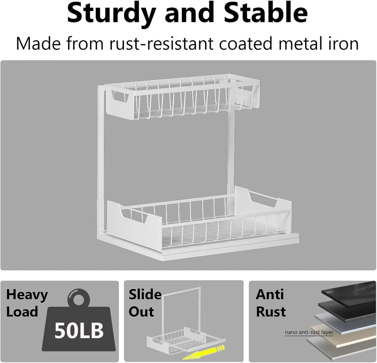 Under Kitchen Sink Organizers and Storage Pull Out 2 Tier Metal Bathroom Cabinet Organizer (White, 2 Pack)