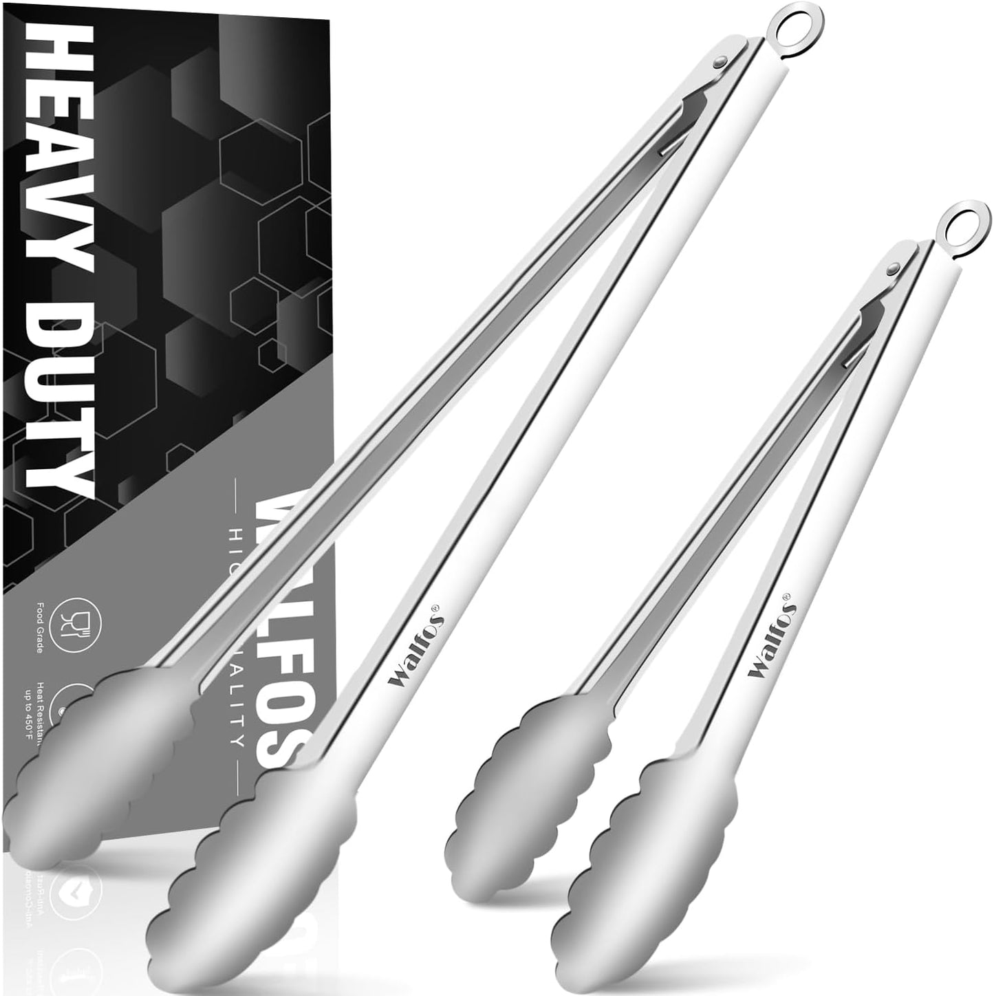 Tong for cooking, Walfos kitchen tongs set of 2 - Heat Resistant 600℉, Heavy Duty Locking Metal cooking Tongs, Stainless Steel BBQ Grilling,(All Metal 12in+16in)