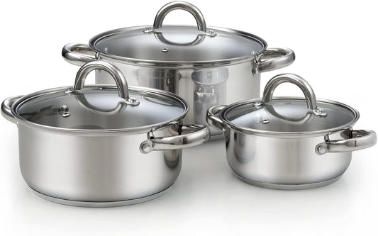 Cook N Home Sauce Pot Stainless Steel Stockpot with Glass Lid, Basic Saucier Casserole Pan Set, 6 Piece Set