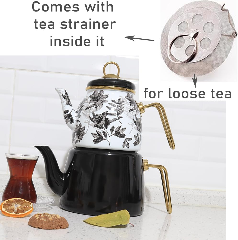 Vintage Turkish Teapot Tea Pots Kettle Set for Stovetop Stove Top Decorative Infuser Party Cups Glasses Floral Unique Boiler Samovar Strainer Loose Leaf Kitchen Style Enamel Decor (White-Black)