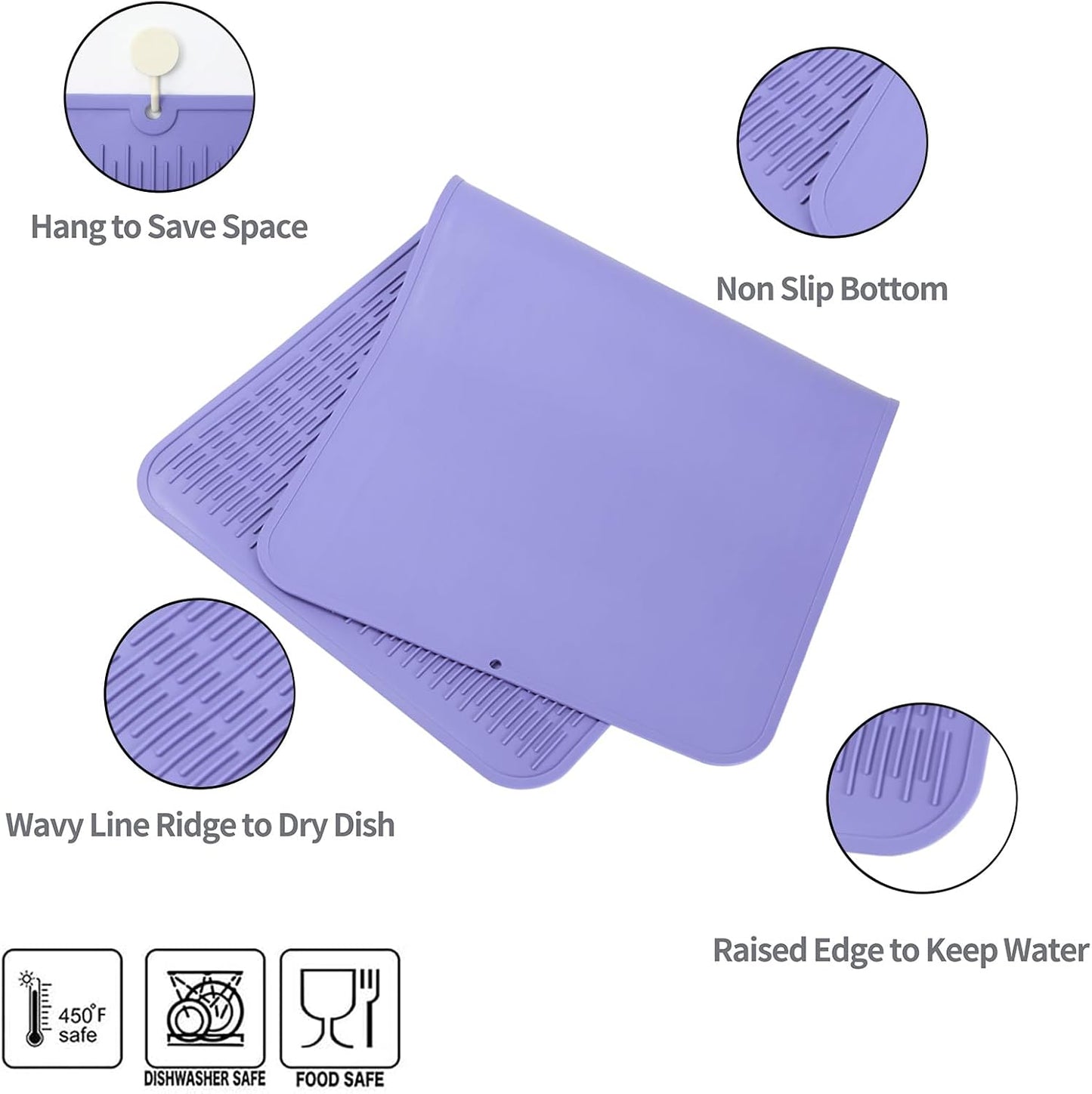 Silicone Dish Drying Mat for Multiple Usage,Easy clean,Eco-friendly,Heat-resistant Silicone Mat for Kitchen Counter or Sink,Refrigerator or Drawer Liner Light Purple 5XL 36inches x 18inches