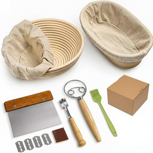 Premium Bread Proofing Basket Set – 9" Round & 10" Oval Sourdough Baskets with Dough Whisk, Bread Lame, Scraper & Silicone Brush – Rattan Bread Baking Kit for Perfect Fermentation & Artisan Loaves