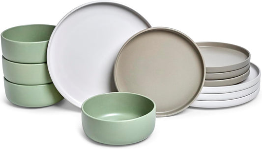 Sango Rollo Alta 12-Piece Modern Stoneware Dinnerware Set- Sage/Sand/White, Includes Dinner & Salad Plates, Cereal Bowls, Microwave & Dishwasher Safe, Highly Chip and Crack Resistant, Service for 4