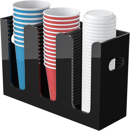 WINFFOR Disposable Cup Organizer Dispenser - 3 Compartments Black Acrylic Cup and Lid Holder with Handles Plastic Cup Dispenser Countertop Paper Cup Holder for Coffee Bar House Party Essentials