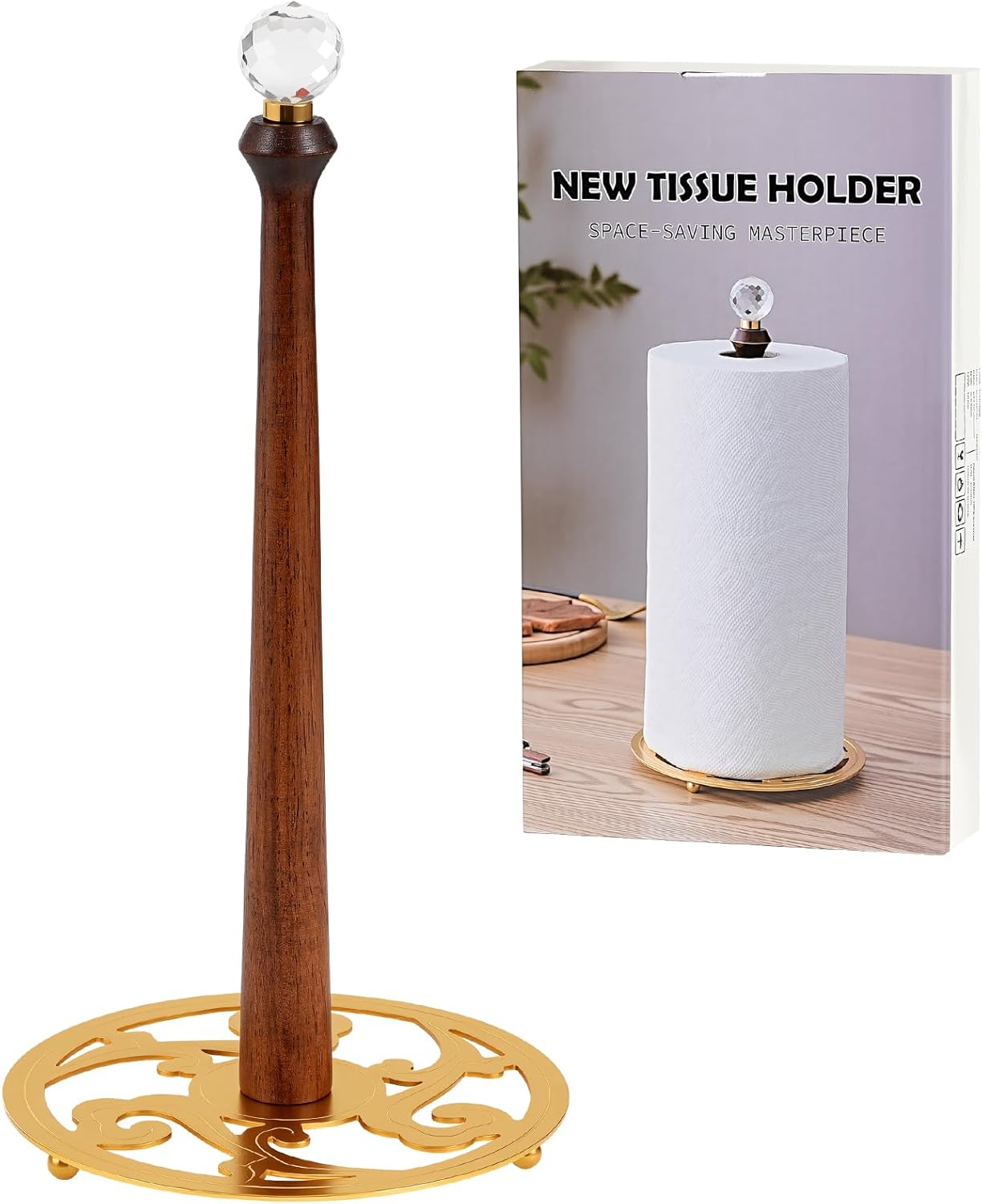 Wooden Countertop Paper Towel Holder,Iron Base with Die-Cast Pattern, Solid Wood Rod & Crystal Finial Top,Slow Reveal Artistry, Stable&Durable, Easy Install - Elevates Kitchen Décor(Gold)