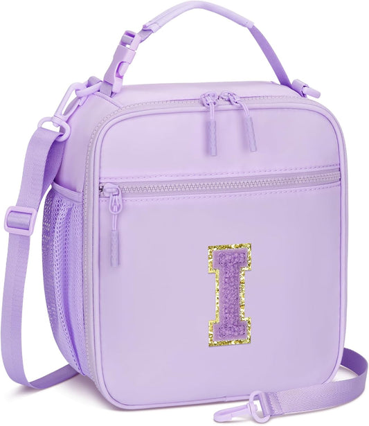 Initial Insulated Lunch Bag for Girls Kids, Back to School Gift, Reusable Leak-proof Lunch Box with Adjustable Strap for School Daycare Travel Picnic (Purple,I)