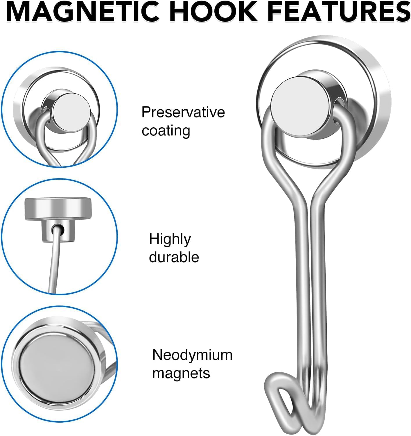 LOVIMAG Hooks, 30lbs+ Magnetic Magnet Hook 2025 Cruise Cabin Ship Essentials Heavy Duty Strong Refrigerator Fridge Hanging for Classroom Beach Vacation Kitchen Grills Home Mug Hanger (6 Pack), Silver