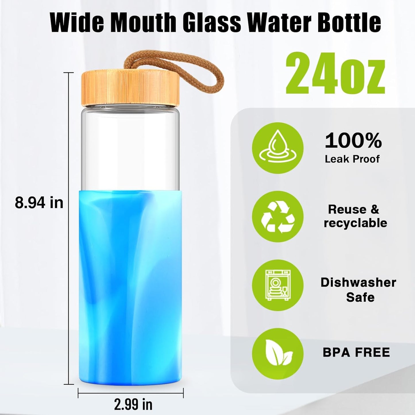 Tronco 24oz Glass Water Bottles with Bamboo Lid & Silicone Sleeve, Leak Proof, BPA Free, Reusable Borosilicate Glass Bottles for Juicing, Smoothies, Juice & Water, for Men & Women Gym, Office, Travel