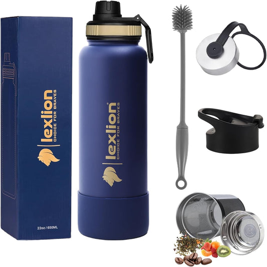 Lexlion Fruit Infuser Water Bottle - 22 Oz, Triple Walled Insulated Stainless Steel, Thermal Leaf Infuser, Silicone Sleeve, 3 Lids Leakproof, Metal Mug