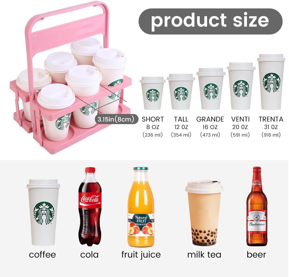 Reusable Drink Carrier with Handle for Doordash, Grubhub, Portable Cup/Coffee Holder Accessories for Delivery, Foldable Drinks Caddy with Tray, Car Durable Plastic Festive Bottle, Vacation Container