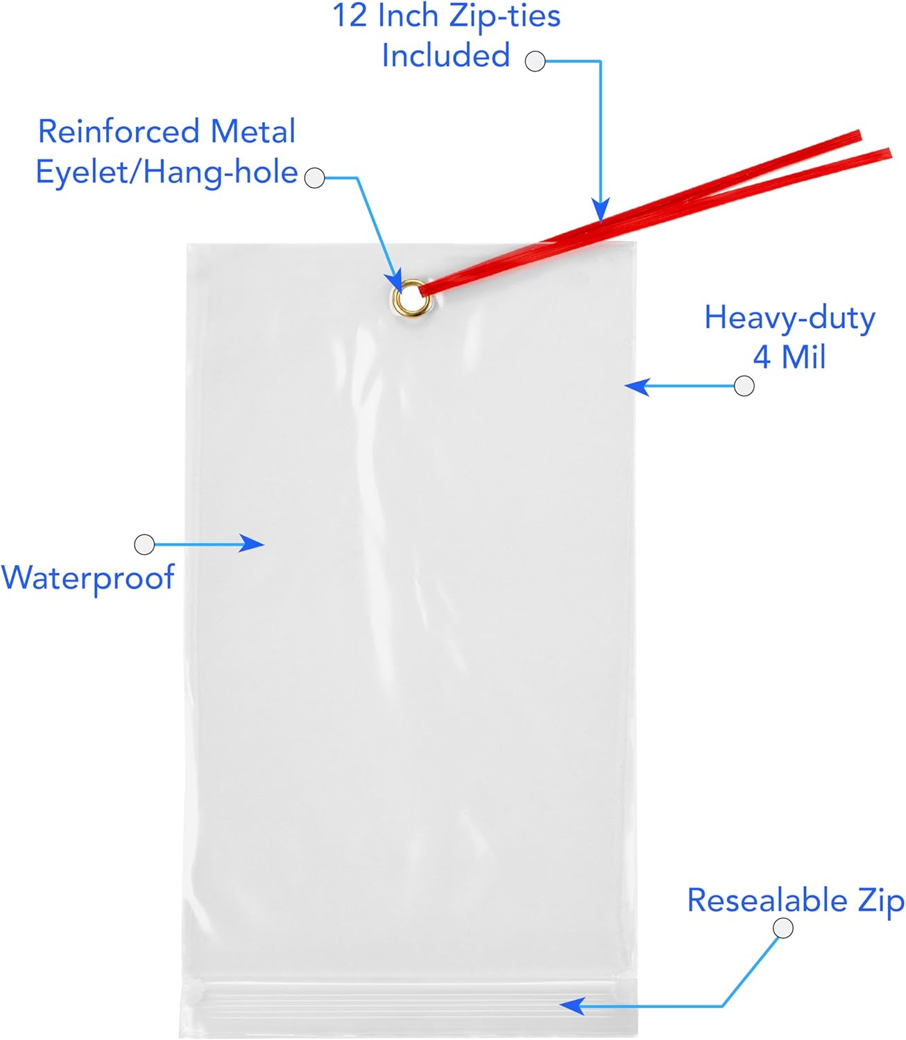 GPI - 3.5" x 6" Reclosable Zip Bags with Bottom Hang-hole & Pre-inserted 12" Twist-tie. 4 Mil Heavy-duty Resealable Zipper Baggy with Grommet/Metal Eyelet for Hanging (Insert Size 3x4.5) 100 Pack