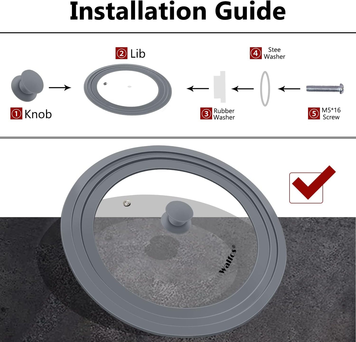 Universal Lid for Pots, Pans and Skillets - Walfos Tempered Glass Pan Lid with Heat Resistant Silicone Rim, BPA Free Large Pot Lids Fits 7" to 12" Diameter Cookware, Dishwasher-Safe, Grey