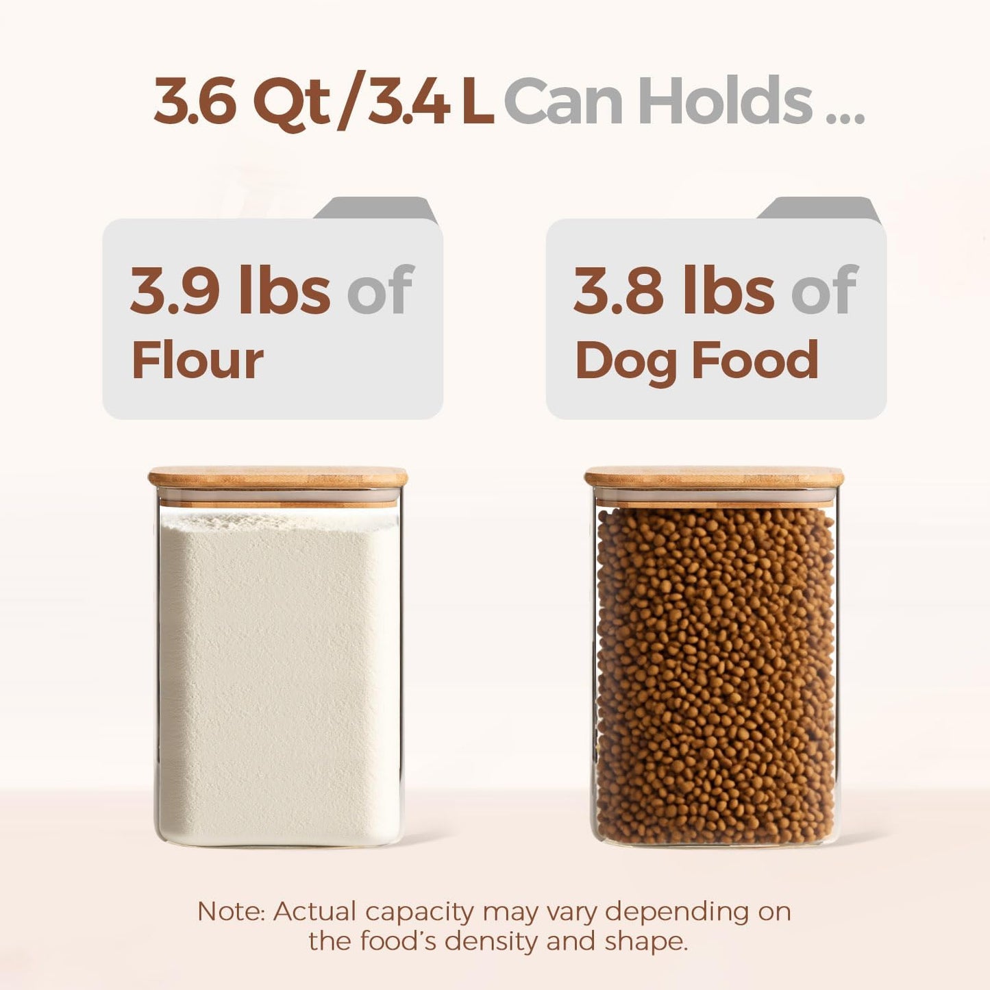 ComSaf 3.6Qt Glass Food Storage Containers, Cereal Storage Containers with Airtight Lids, Large Square Glass Jars with Bamboo Lids, for Rice, Pasta, Oats, Grains, Coffee Beans