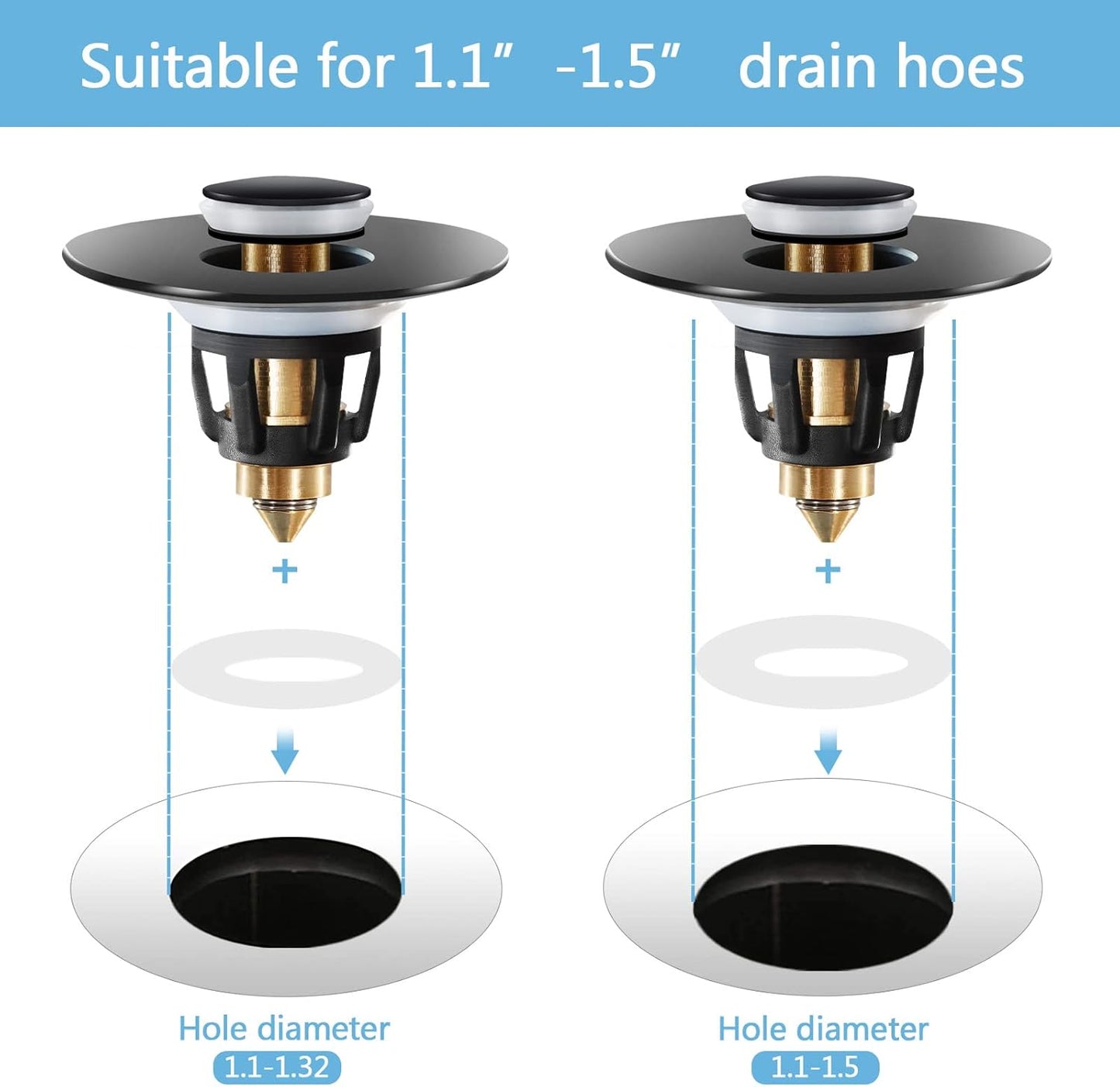 Black Bathroom Sink Stopper，Pop Up Drain Stopper for Bathroom Sink，Bathroom Sink Strainer ，Sink Plug,Universal Wash Basin Sink Stopper，Suitable for 1.1~1.5 Inch Bathroom Sink Drain Pipe (Matte Black)