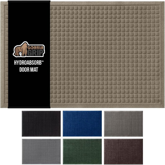GORILLA GRIP Front Door Mat, 47x35, Indoor Outdoor Ultra Absorbent HydroAbsorb Doormat, Absorbs Up to 6 Cups of Water, Stain and Fade Resistant, Rubber Backing Doormats, Captures Dirt, Beige
