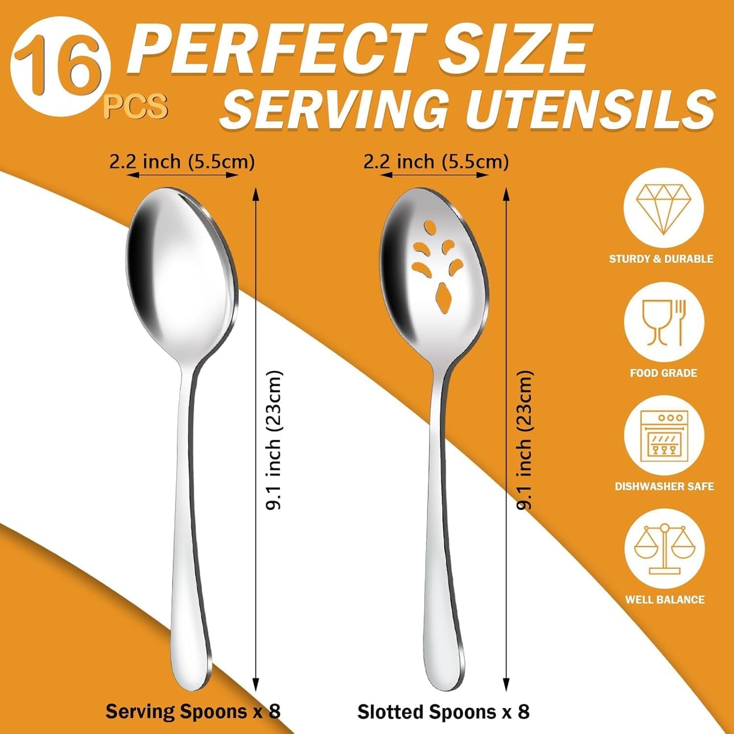 BEWOS 16-Piece Serving Utensils Set, 8 Spoons & 8 Slotted Spoons, 9.1-Inch, Stainless Steel, Dishwasher Safe, Perfect for Parties & Buffets
