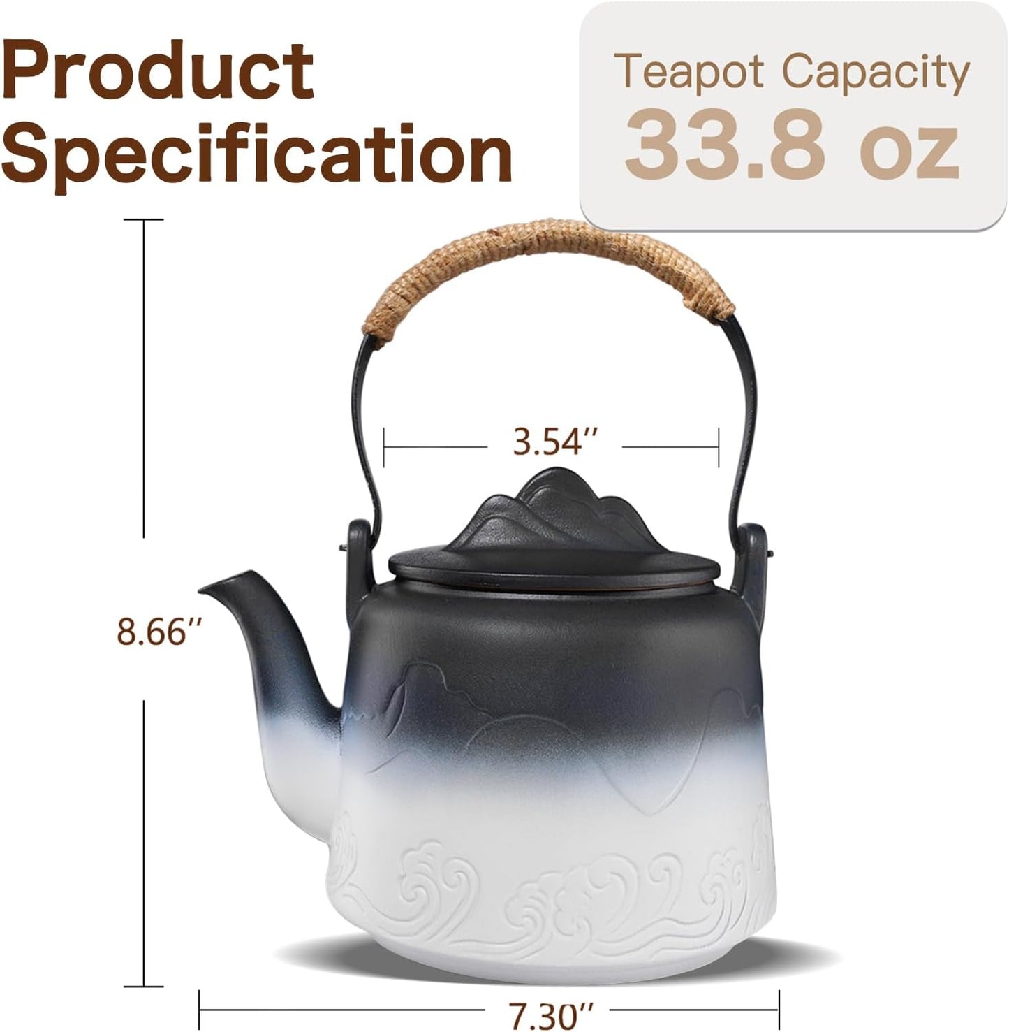 ZENS Vintage Japanese Teapot, 33.8 oz Gradient Embossed Ceramic Loose Leaf Tea Pot with Built-in Filter for Tea Steeper, Hemp Rope Handle Japanese Teapot for Tea Lovers Gifts, Black & White