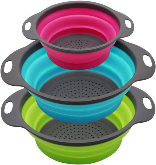 New and improved- Set of 3 Niklye Ultimate Kitchen Strainers—1×10” & 2×12” Collapsible Silicone Colanders. Now more durable and robust for everyday use with pasta, veggies, fruit & more.