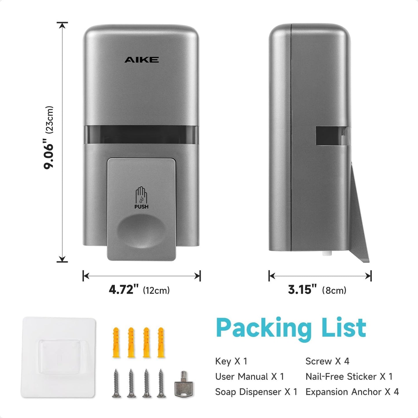 AIKE Wall Mount Liquid Soap Dispenser, 27oz Large Capacity with Extended Pump for Commercial Bathrooms(Silver)