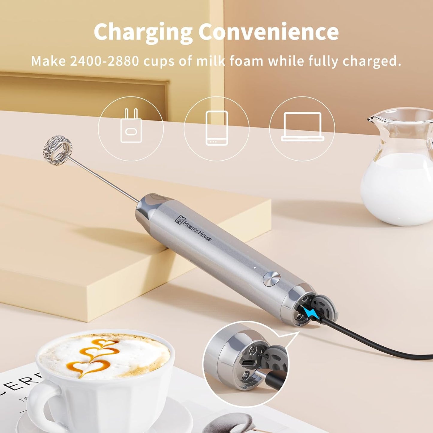 Maestri House Rechargeable Milk Frother with Stand, LunaFro Handheld Electric Foam Maker Waterproof Detachable Stainless Steel Whisk Drink Mixer Foamer for Lattes, Cappuccino