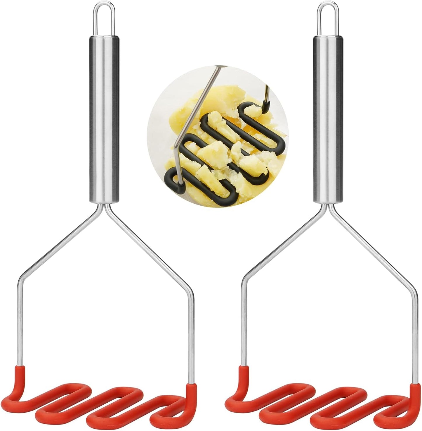 SHIKORI Non-Scratch Silicone Potato Masher Kitchen Tool, Potatoes Masher Potato Masher Stainless Steel Wrapped In Premium Silicone, Potato Smasher 2 Pcs-Red