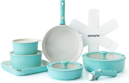 SENSARTE 17 Piece Ceramic Pots and Pans Set, Nonstick Detachable Handle Cookware, Induction Kitchen Cookware Set with Removable Handle, Dishwasher ＆ Oven Safe (Turquoise)
