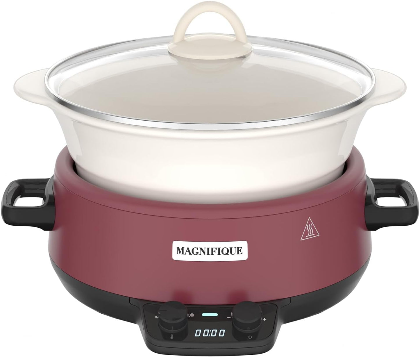 MAGNIFIQUE 5 Quart Programmable Slow Cooker with Auto Warm Setting, Glazed Ceramic Liner, Kitchen Small Appliance for Family Dinners, Red