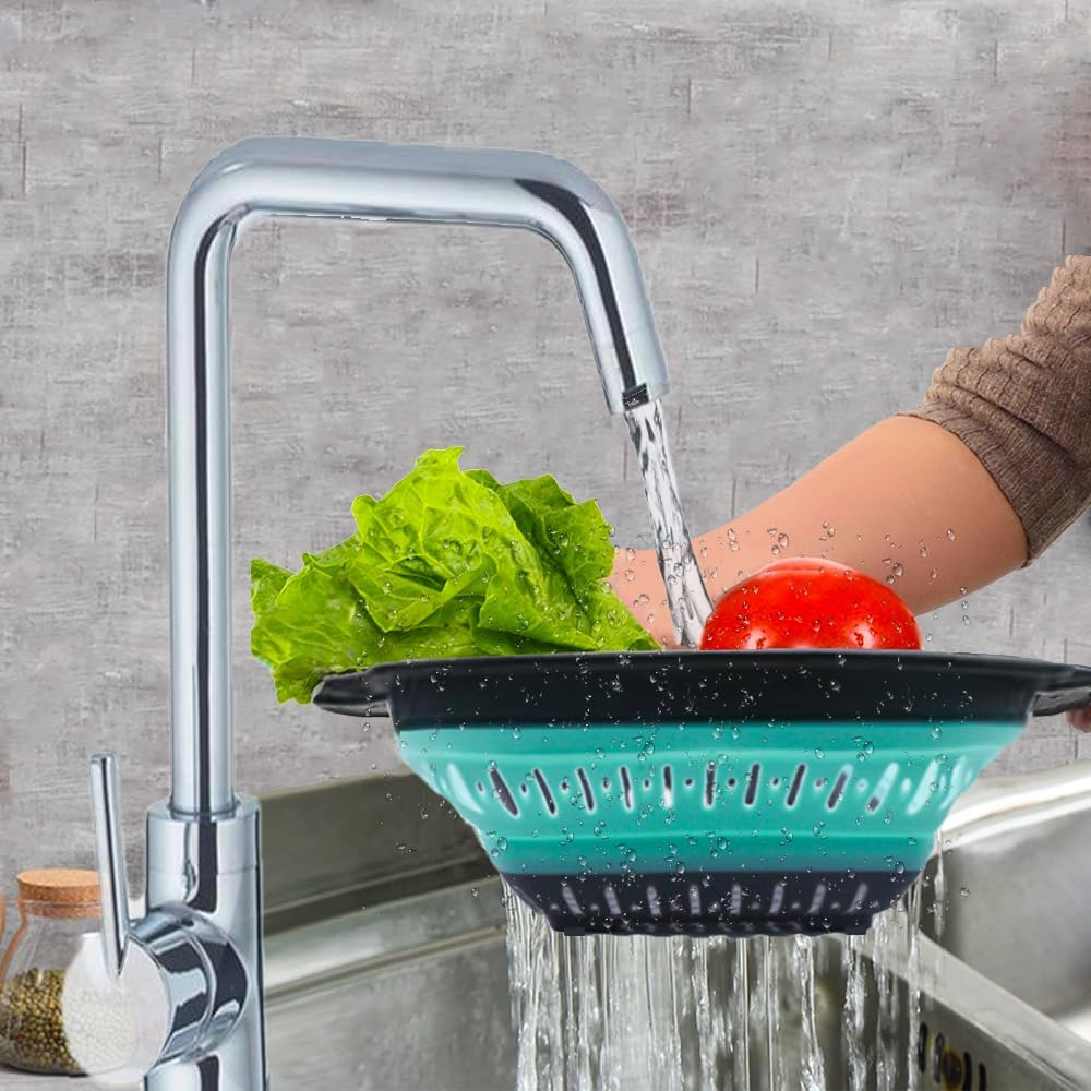 Collapsible Colander Set, Square Round Triangles Silicone Kitchen Strainer Perfect for Draining Pasta Vegetable fruit 2 PCS (10.8"L x 8.6"W x 2"H, Red & Green)