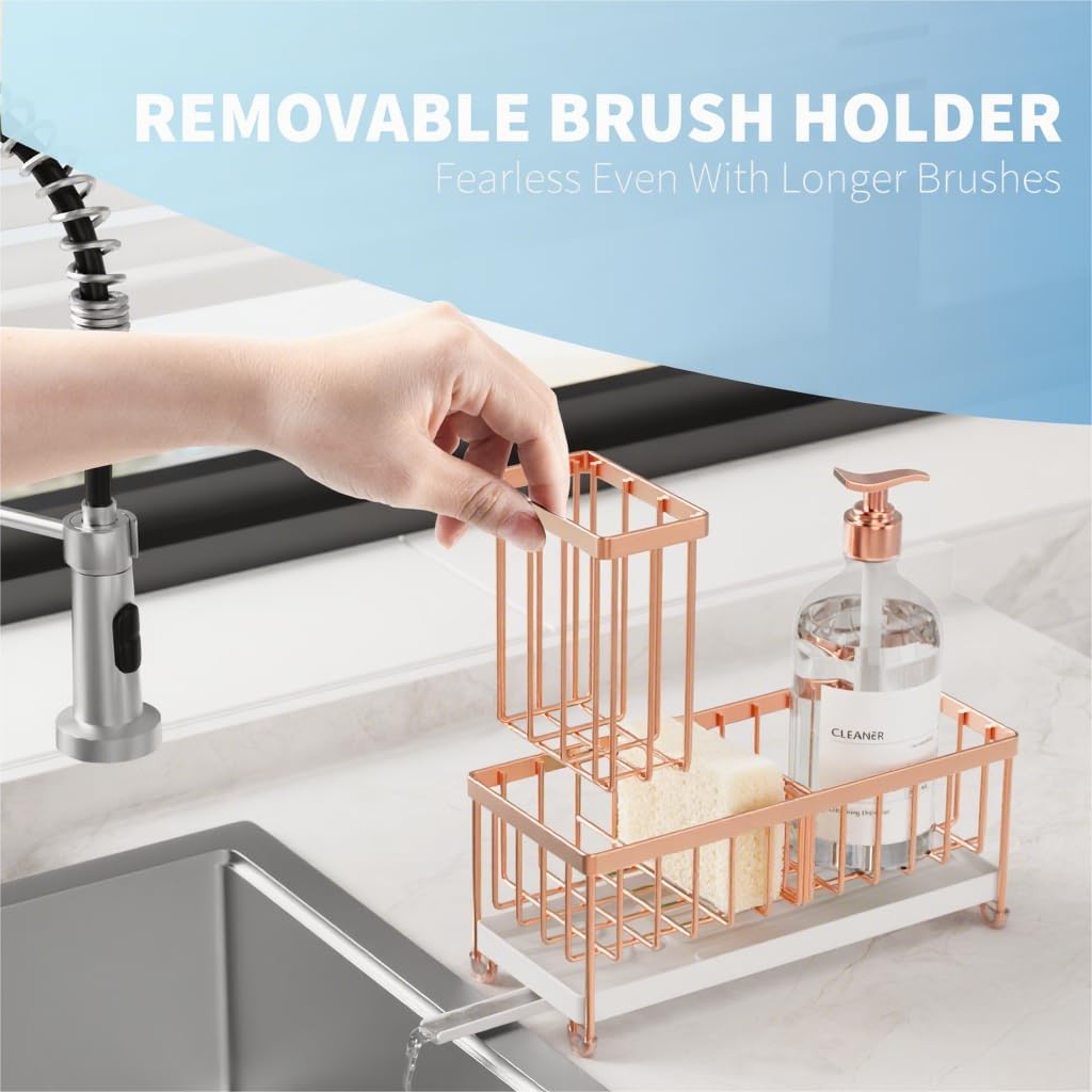 Cisily Rose Gold Sponge Holder for Kitchen Sink, Sink Caddy Organizer with High Brush Holder, Kitchen Countertop Organizers and Storage Essentials, Rustproof 304 Stainless Steel, Soap Dispenser