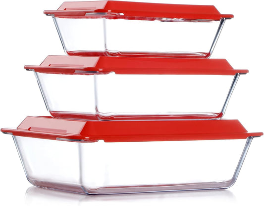 NUTRIUPS Deep Glass Baking Dish with Lids, 1.5+2.4+3.7Qt 3-Pack Deep Lasagne Dish for Oven, Rectangular Glass Bakeware