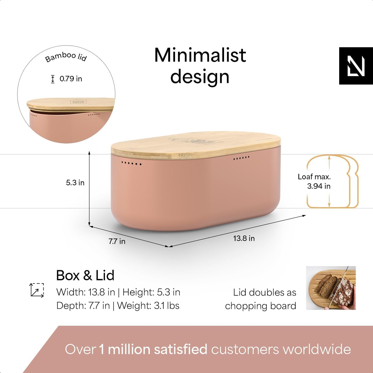 LARS NYSØM Bread Box I Metal Box with linen bag for long lasting freshness I Bread Bin with bamboo lid usable as cutting board I 14.2x7.5x5.1 In (Blush Rose)