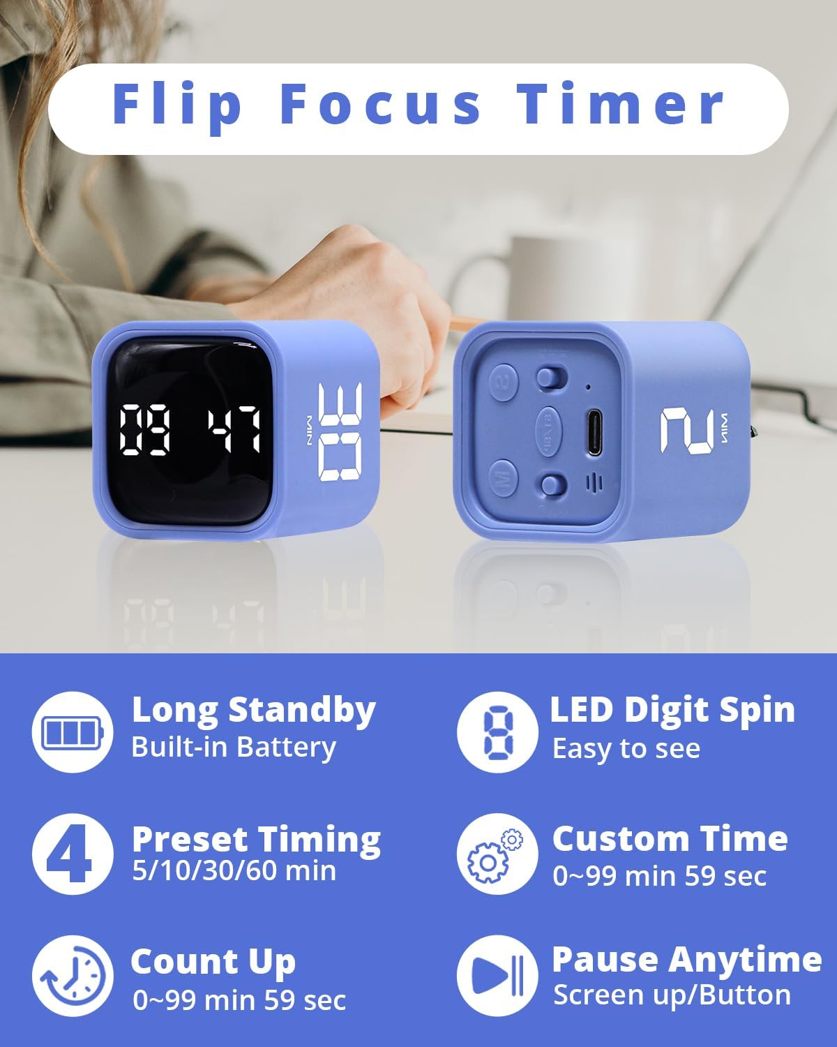 Productivity Timer Flip Gravity Sensor Cube Timer Countdown & Countup,Mute & Vibrate & Sound，5/10/30/60min & Custom Timing, Perfect for ADHD,Work,Learning,Kitchen Cooking