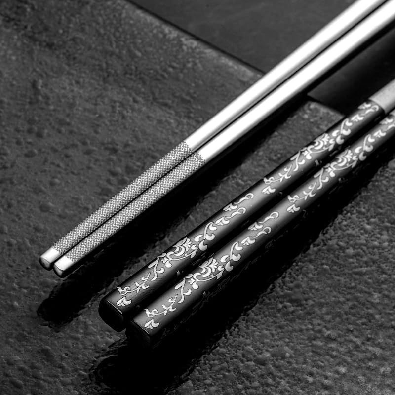 Metal Chopsticks With Case Stainless Steel Chopsticks Titanium Plated Reusable Chopstick lightweight Engraved Non-slip 18/10 Korean Japanese Chinese Chopsticks,Dishwasher Safe 2 Pairs Set(BJ-Black02)