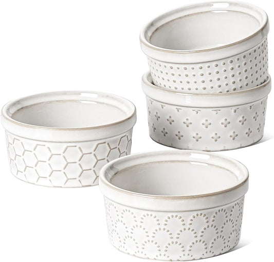 LE TAUCI Ramekins 4 oz Oven Safe for Creme Brulee, Charcuterie Boards Bowls for Souffle, Small Sauce Bowl, Ceramic Baking Dishes - 3.8 inch, Set of 4, Arctic White