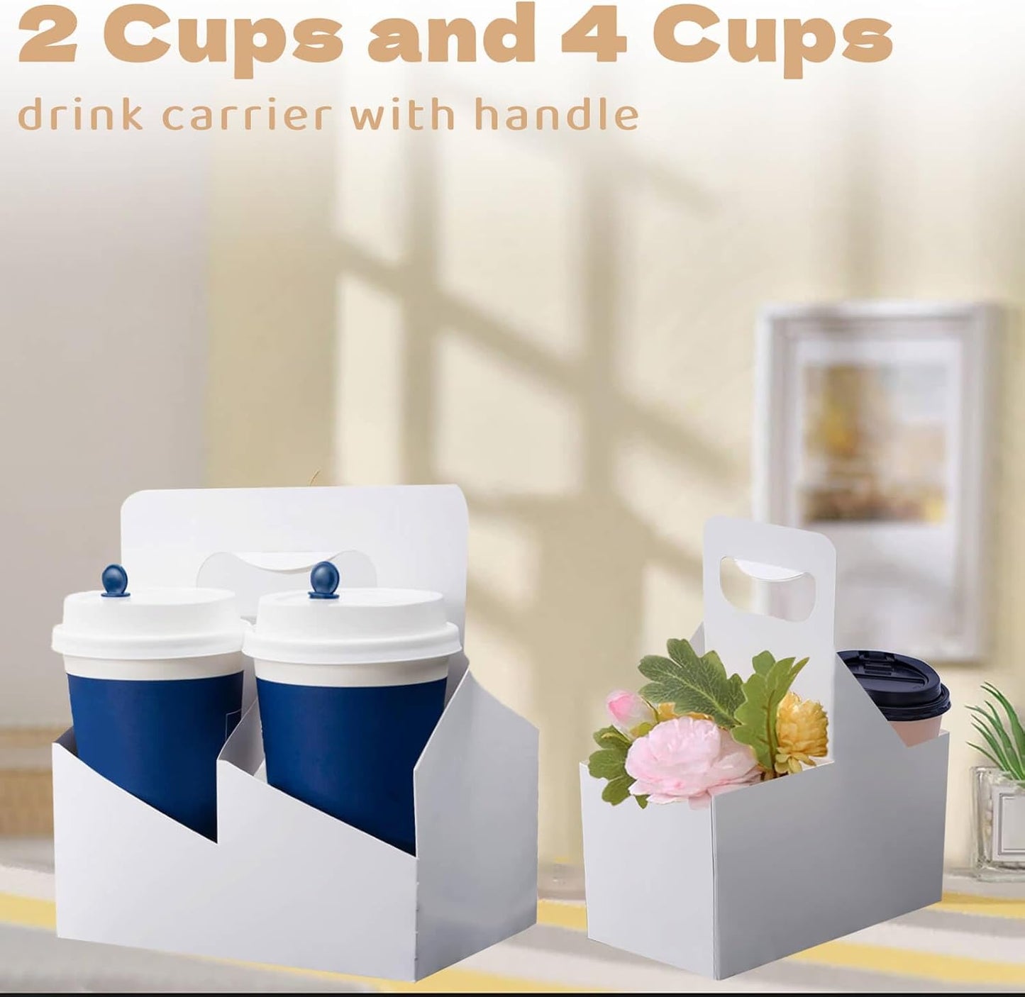 Kraft Paperboard 2-Cup Drink Carrier with Handle, 12-32 oz Coffee Cup Holder, Takeout Beverage Delivery, 15-Pack(Without Cups)