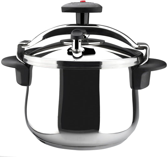 MAGEFESA Star Belly Pressure Cooker 6.3 Qt – 18/10 Stainless Steel, Rounded Bottom, 3 Safety Systems, Works on All Stovetops Including Induction, 8 PSI