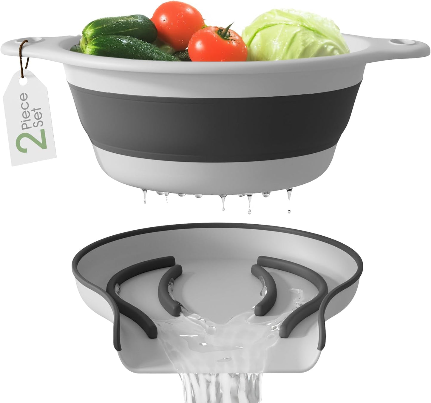 Collapsible Colander Strainer, Includes Over-sink Countertop Draining Base (5QT) Large Kitchen Drainer for Vegetables Fruit and Pasta, Round Foldable Draining Basket, Easy Storage (White)