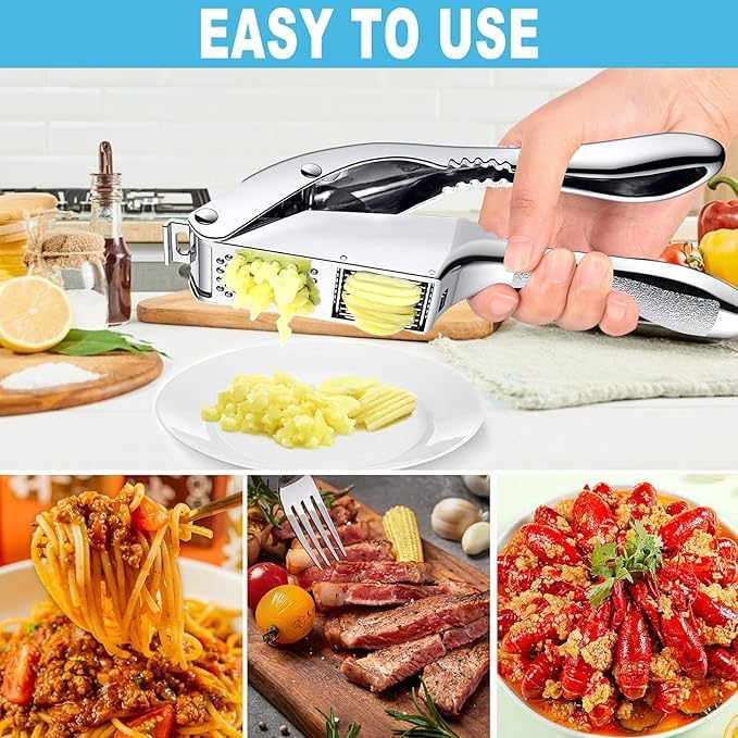 Garlic Press and Slicer 2 in 1, Rust Proof & Dishwasher Safe Professional Garlic Mincer Tool, Effortlessly Crush and Mince Garlic with this Ergonomic Handle-Garlic Peeler & Brush ANCQMI(Silver)