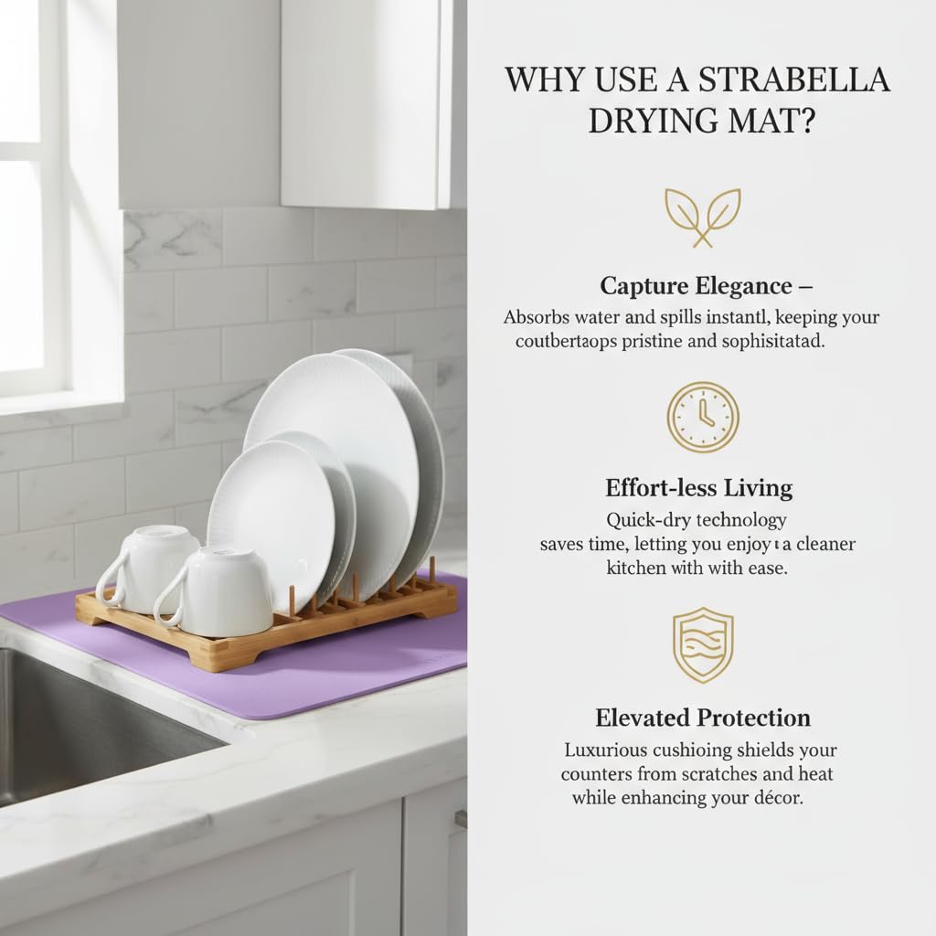 Dish Drying Mat Super Absorbent – 16" x 18" Coffee Mat for Countertops – Non-Slip Drying Mat for Kitchen Counter – Easy to Clean Water Absorbent Mat – Large Dish Drying Mats (Lavender)