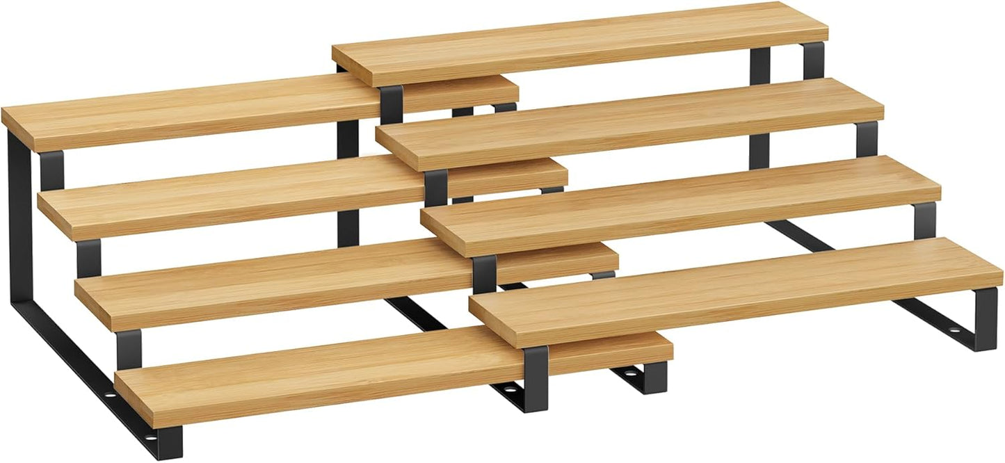 SONGMICS Display Risers, Set of 2 Engineered Wood Perfume Organizer Stand, 4-Tier Cupcake Stand Holder, Spice Rack, Shelf Risers for Figures, Dessert Shelves, Natural Beige and Ink Black UKCS216N01